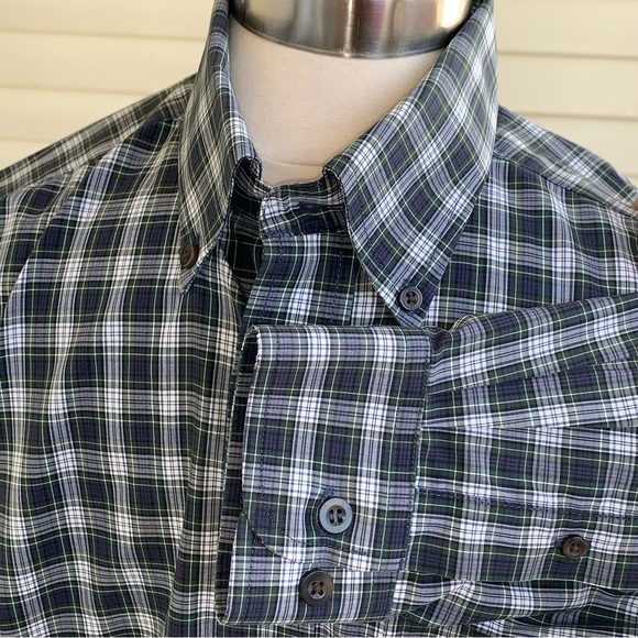 LL Bean Mens Button Down Shirt Medium Reg Blue Green Plaid Wrinkle Resistant - Picture 5 of 7